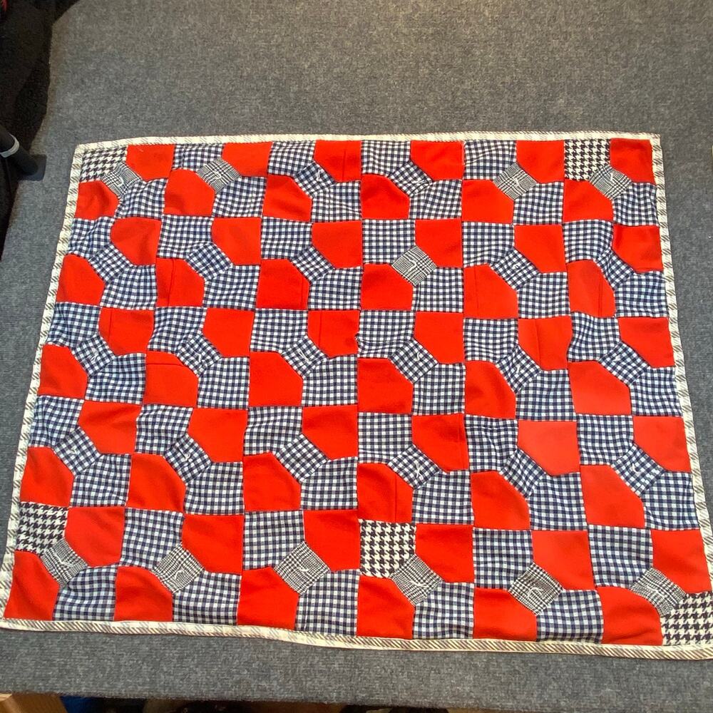 Vintage Handmade Red and Gingham Bowtie Pattern Quilt Lap Blanket 39.5" x 32"